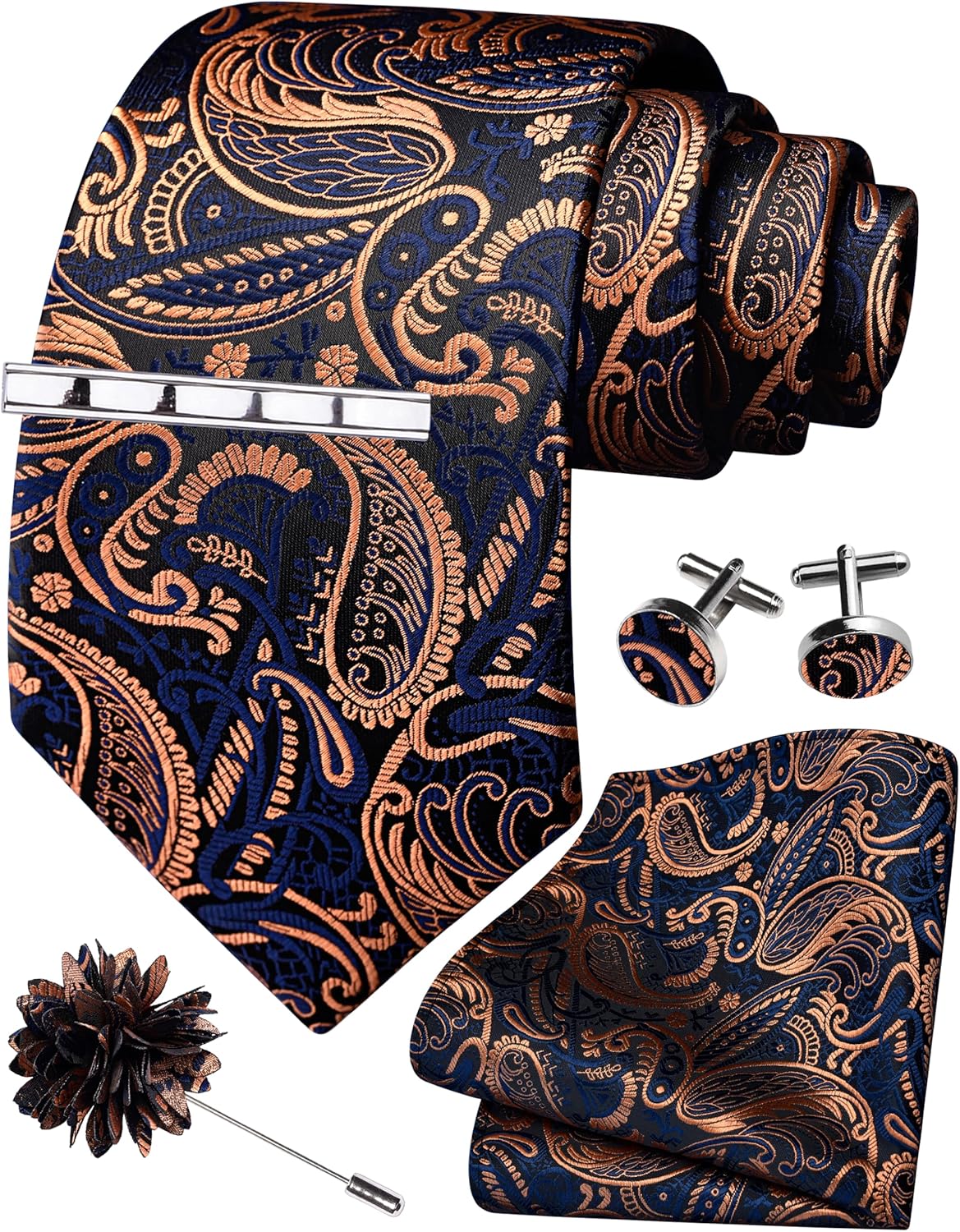 GUSLESON Tie Set for Men Necktie and Pocket Square,Tie Clip,Cufflinks, Lapel Pin Sets with Gift Box 5PCS