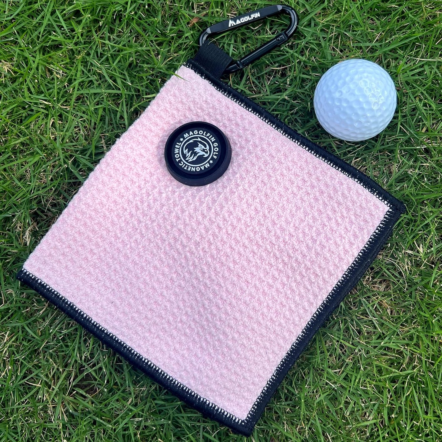 Small Magnetic Golf Towel with Clip, Microfiber Waffle Design - Industrial Strength Magnet for Glof Balls, Golf Bags, Carts Clubs - Pink