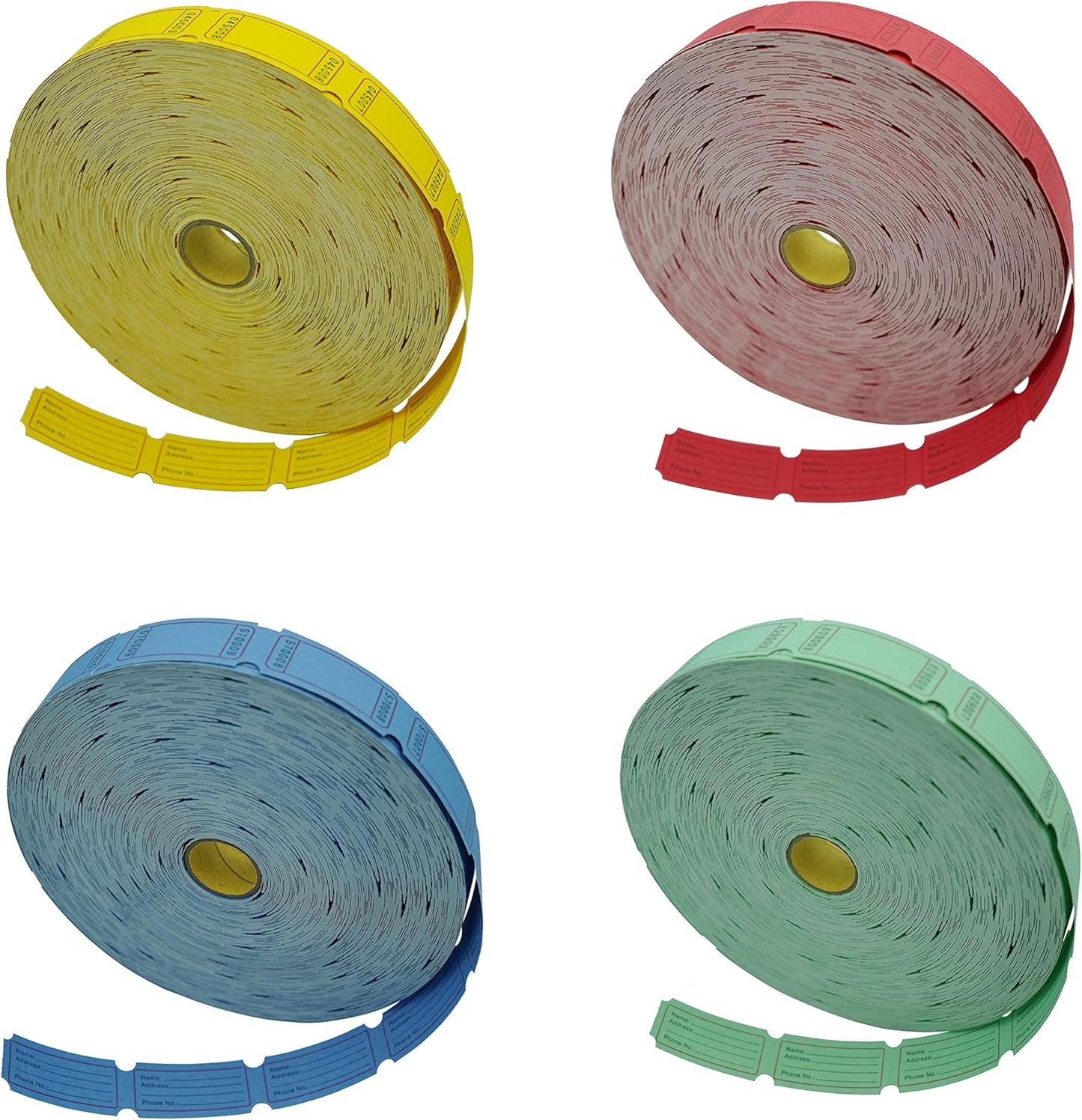 DNB 8000 Pcs Raffle Tickets - 4 Color Set of 2000 Pcs 2 x 1 Inch Single Roll Consecutively Numbered Blank Tickets - Blue/Yellow/Red/Green