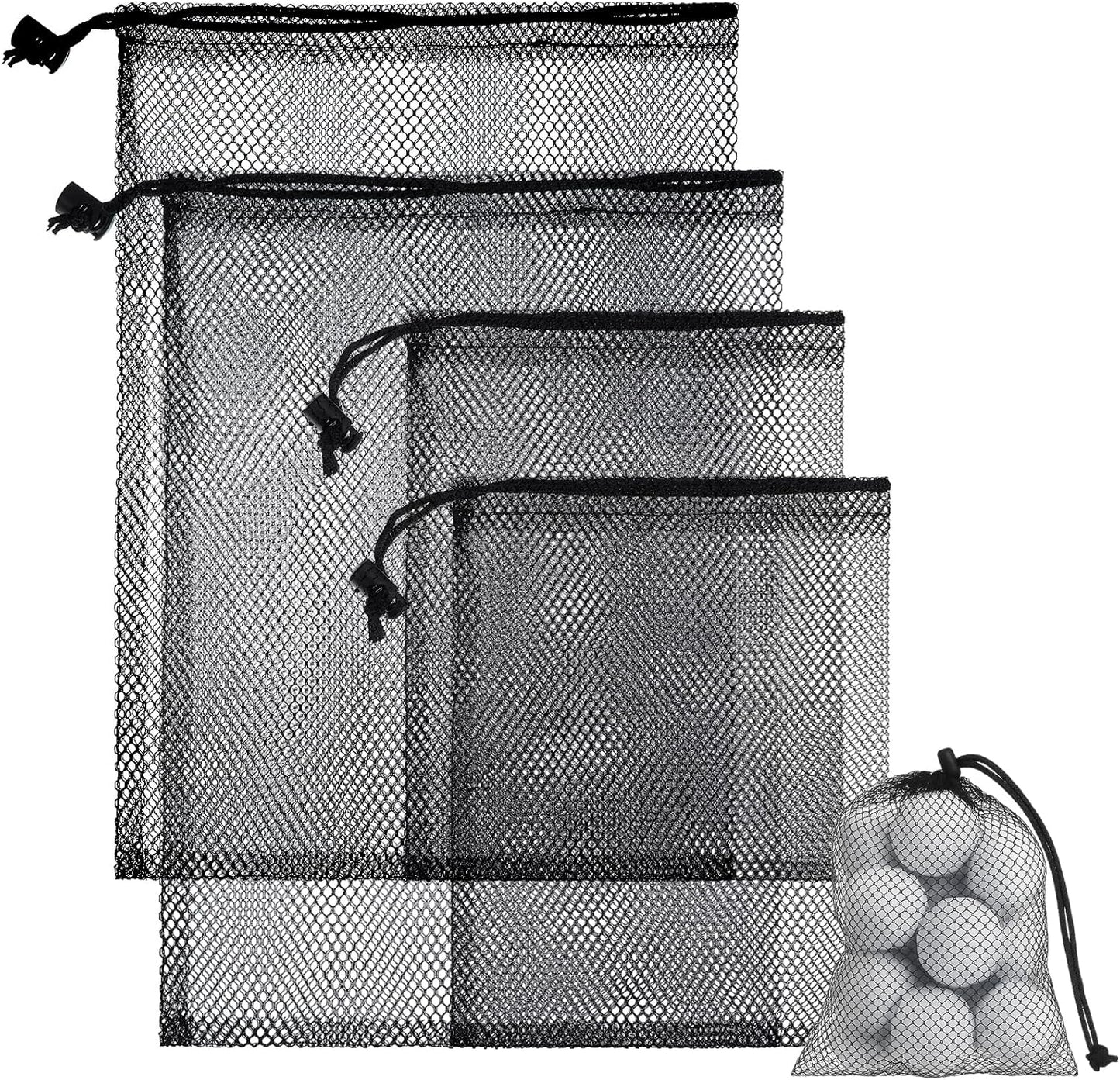 4 Pcs Mesh Bags with Drawstring, Golf Ball Bag Nylon Mesh Golf Ball Storage Pouch Sports Equipment Organizer Sack for Collecting Half Balls Tennis Beach Travel (2 Sizes)