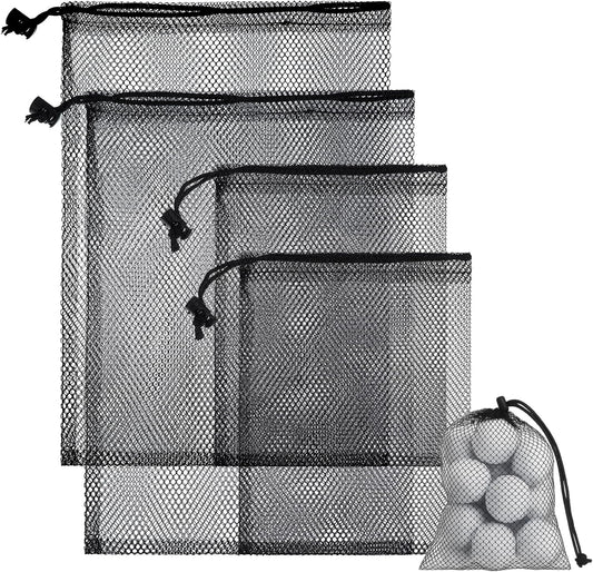 4 Pcs Mesh Bags with Drawstring, Golf Ball Bag Nylon Mesh Golf Ball Storage Pouch Sports Equipment Organizer Sack for Collecting Half Balls Tennis Beach Travel (2 Sizes)