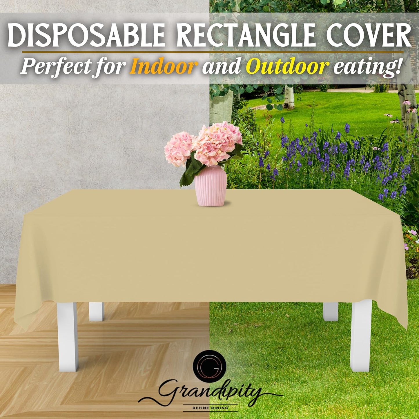 Grandipity 12 Pack Premium Disposable Plastic Tablecloth 54 Inch. x 108 Inch. Decorative Rectangle Table Cover - Beige