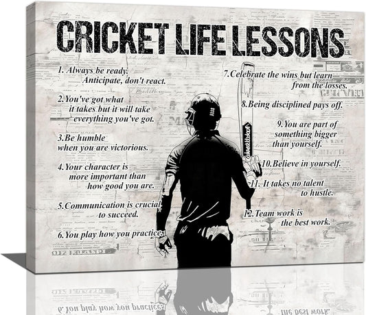 Gyeong Cricket Sports Wall Art Cricket Life Lessons Wall Decor Cricket Sign Retro Poster Boy Men Room Motivational Decorations Canvas Print Painting Artwork for Bedroom Bathroom Living Room 20"x16"