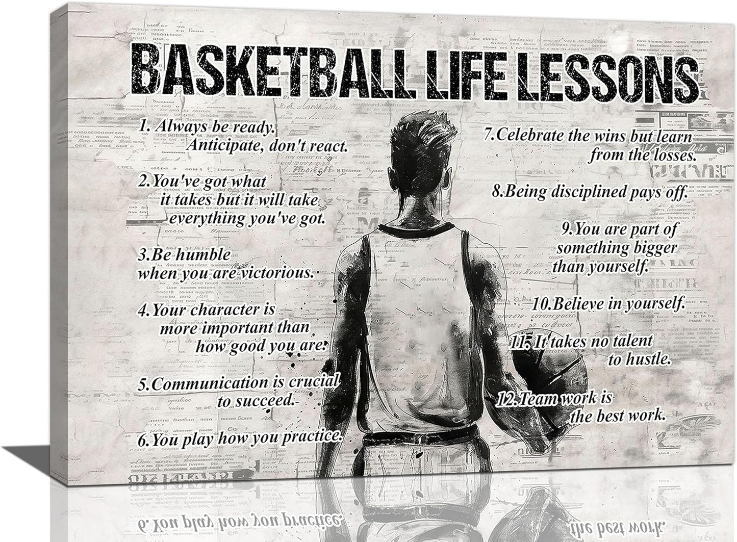 Basketball Sports Wall Art Basketball Life Lessons Wall Decor Basketball Sign Retro Poster Boy Men Room Motivational Decorations Canvas Print Painting Artwork for Bedroom Bathroom Living Room 24"x16"