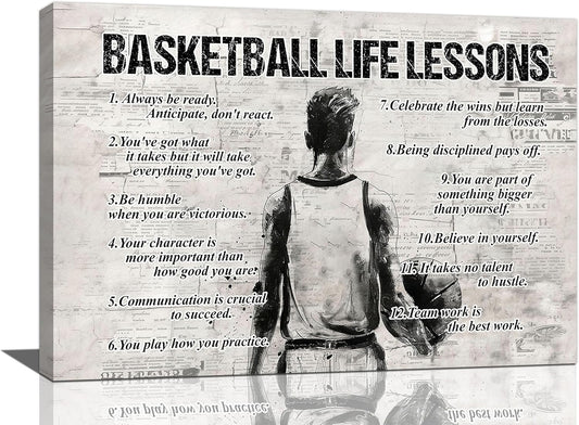Basketball Sports Wall Art Basketball Life Lessons Wall Decor Basketball Sign Retro Poster Boy Men Room Motivational Decorations Canvas Print Painting Artwork for Bedroom Bathroom Living Room 24"x16"