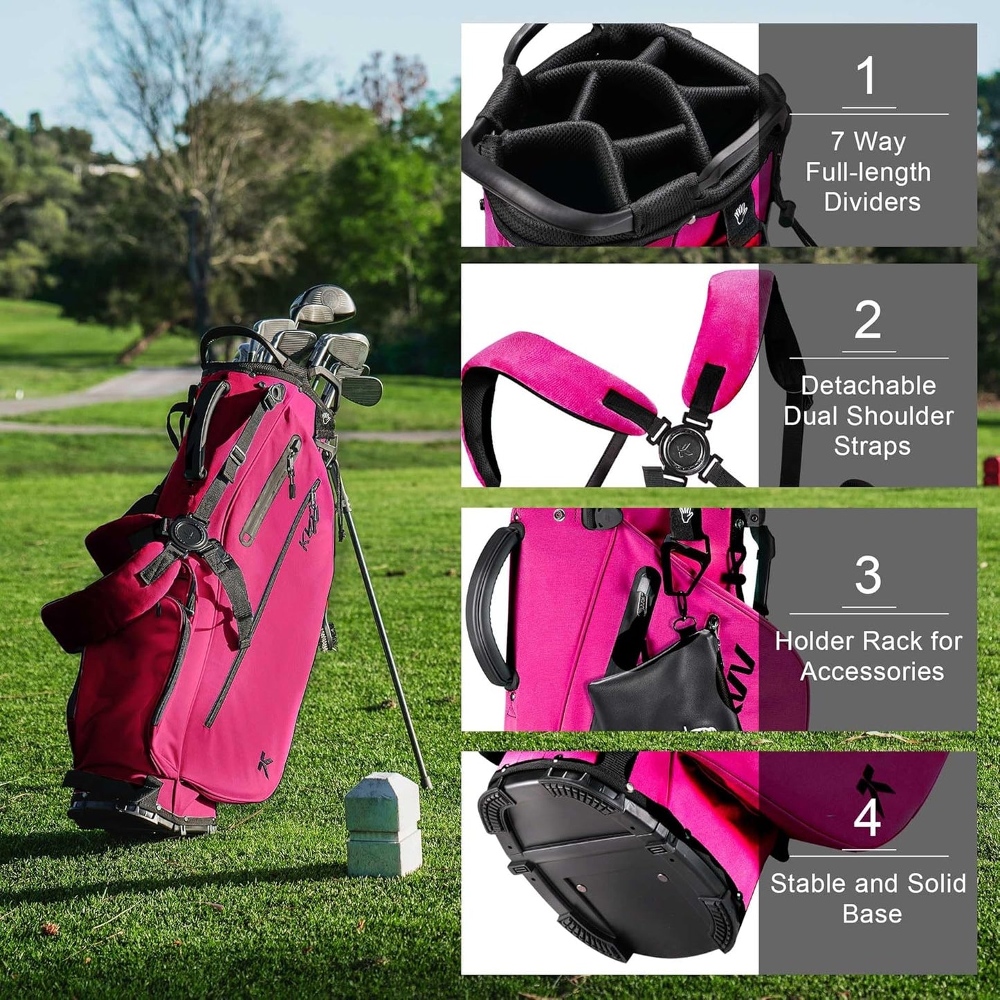 KVV Lightweight Golf Stand Bag with 7 Way Full-Length Dividers, 5 Zippered Pockets, Automatically Adjustable Dual Straps，Elegant Design