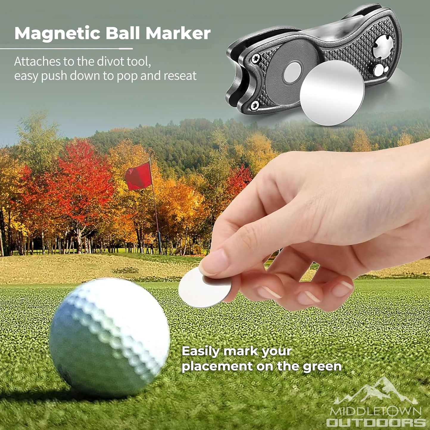 Golf Divot Tool with Magnetic Ball Marker, Multifunctional Divot Tool, Foldable Fork,Fix Divots, Clean Clubs and Cleats, U Shape Bottom can Hold Club