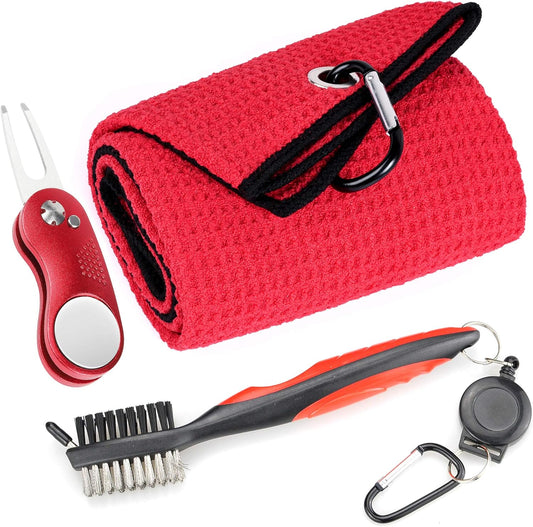 Mile High Life Microfiber Waffle Pattern Golf Towel | Club Groove Cleaner Brush | Foldable Divot Tool with Magnetic Ball Marker (Red Towel/Brush/Curve Divot)