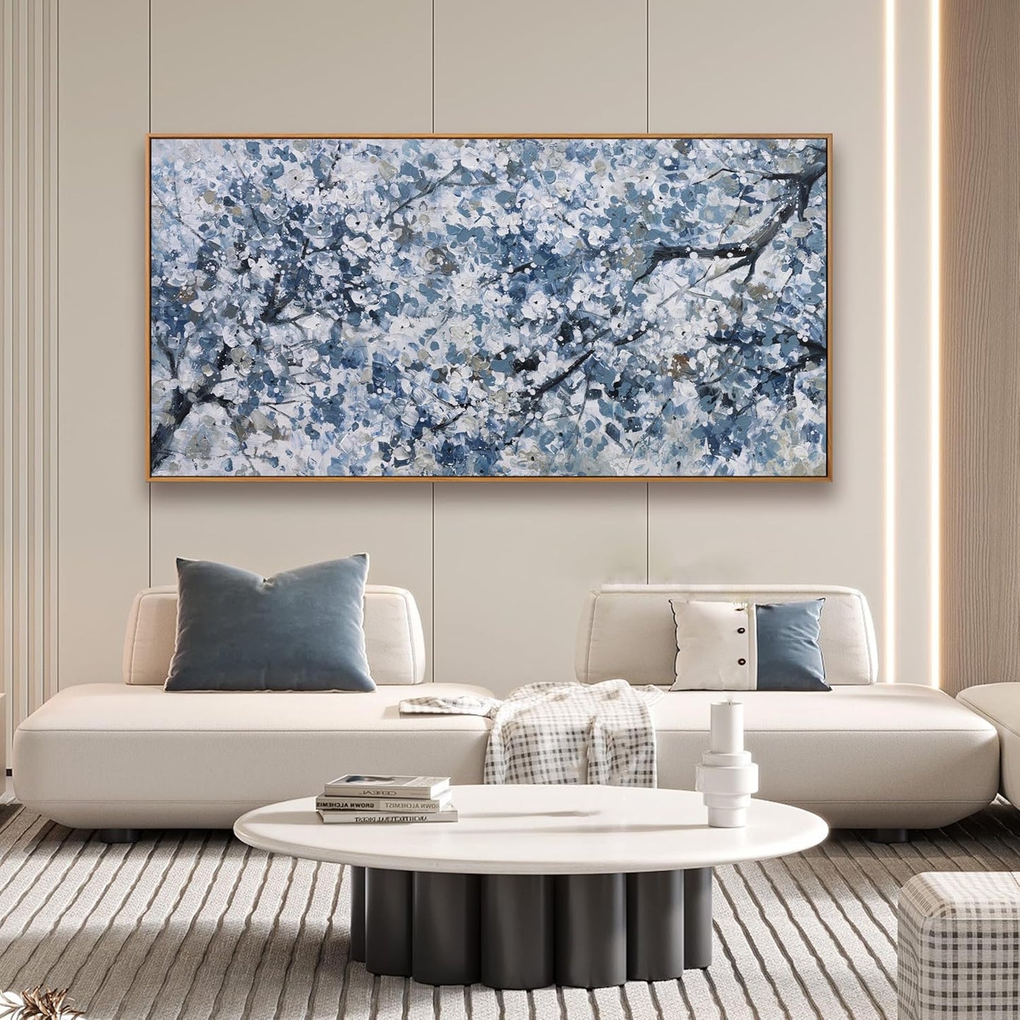 Modern Wall Art Nature Art Canvas Artwork Wall Decor Painting Dark Blue And White Abstract Tree Botanical Wall Art With Framed For Bedroom Living Room Dining Room Home Office Decor 24"×48"