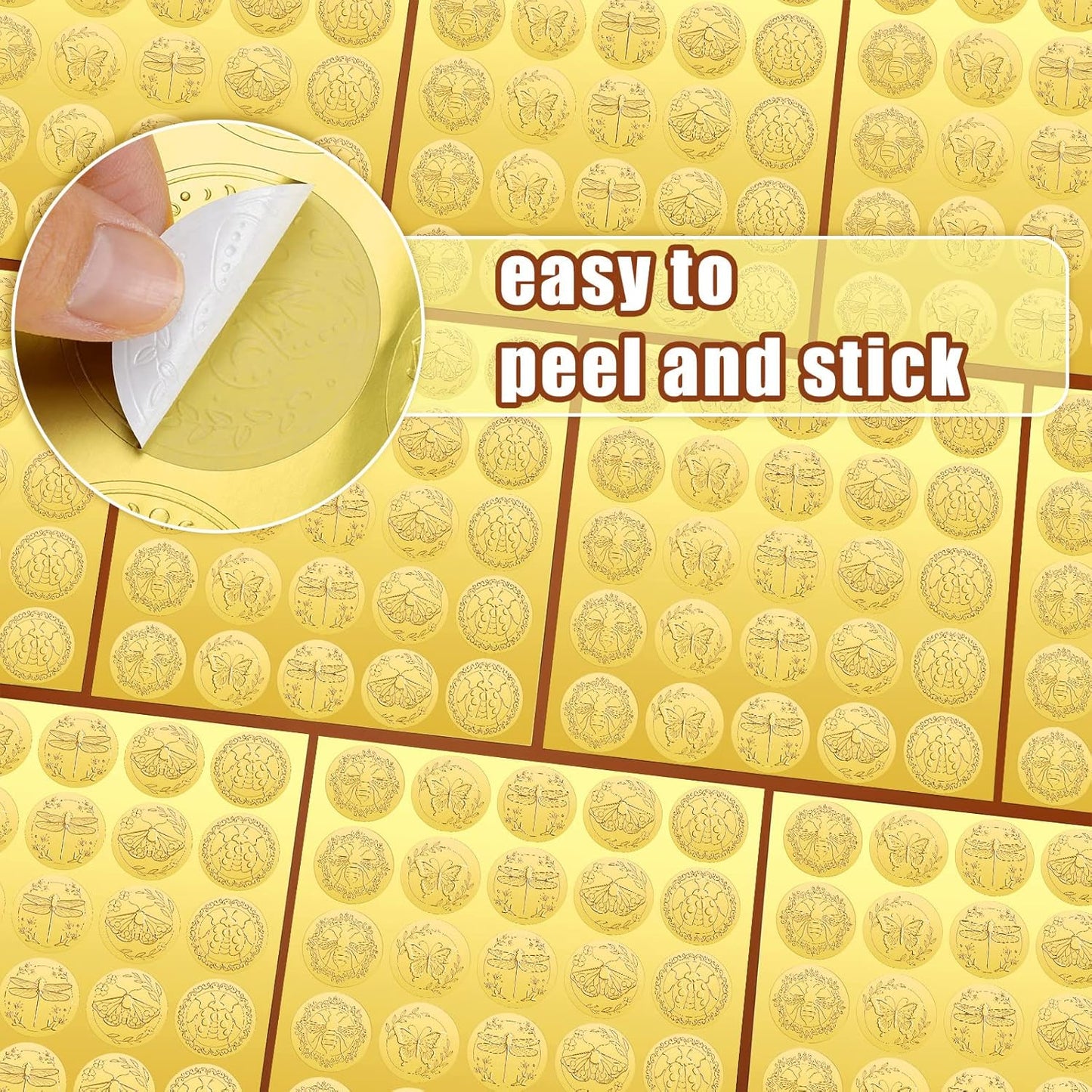 Chinco 500 Pieces Gold Embossed Envelope Seals Stickers Adhesive Seal Stickers Vintage Embossed Foil Certificate Kit Plant DIY Labels for Wedding Invitations Envelopes, 5 Patterns(Insect Style)