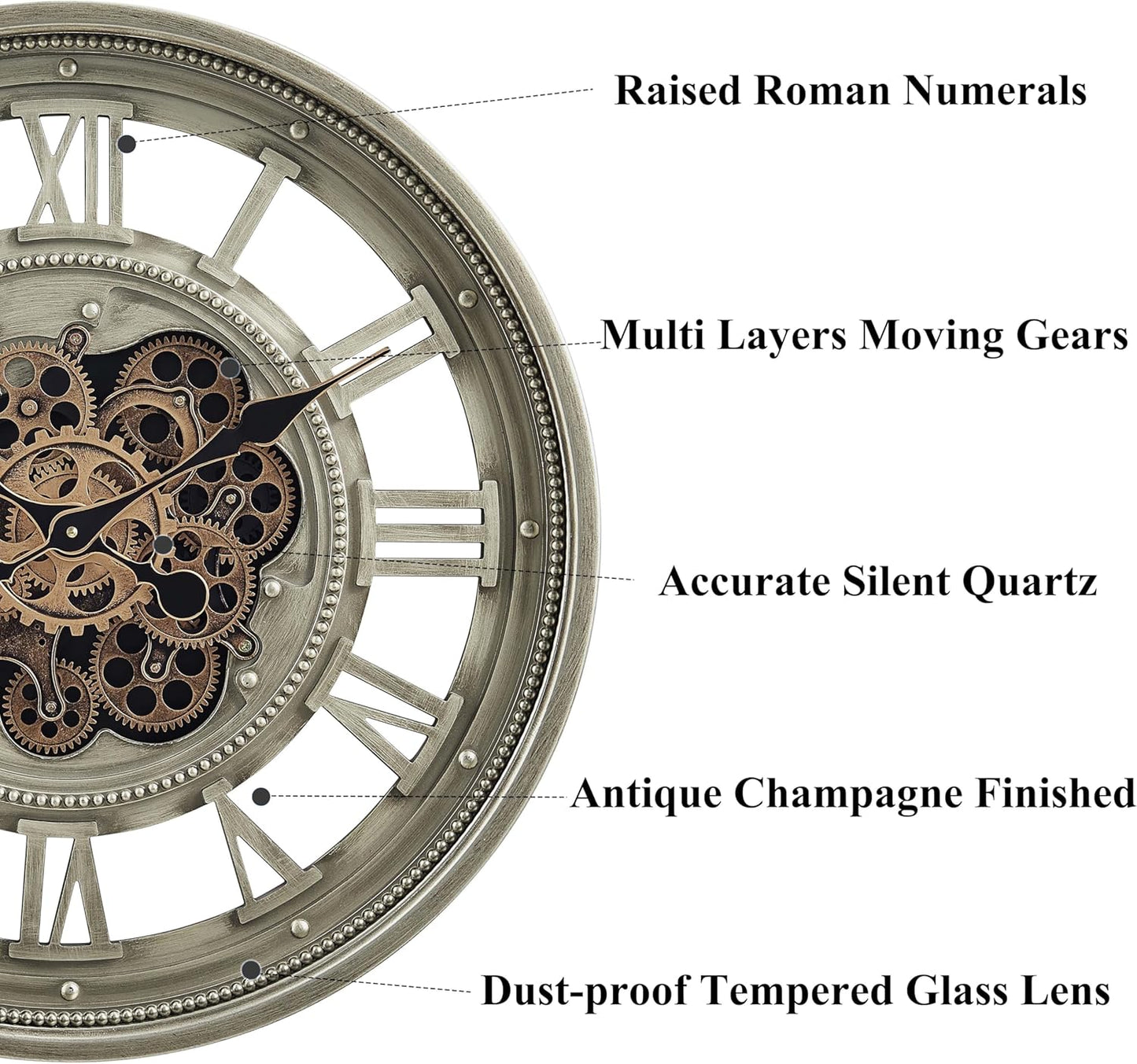 CLXEAST 24 Inch Wall Clock with Moving Gears, Oversized Large Roman Numeral Wall Clocks for Living Room Decor,Antique Champagne Finish,House Warming Gifts New Home
