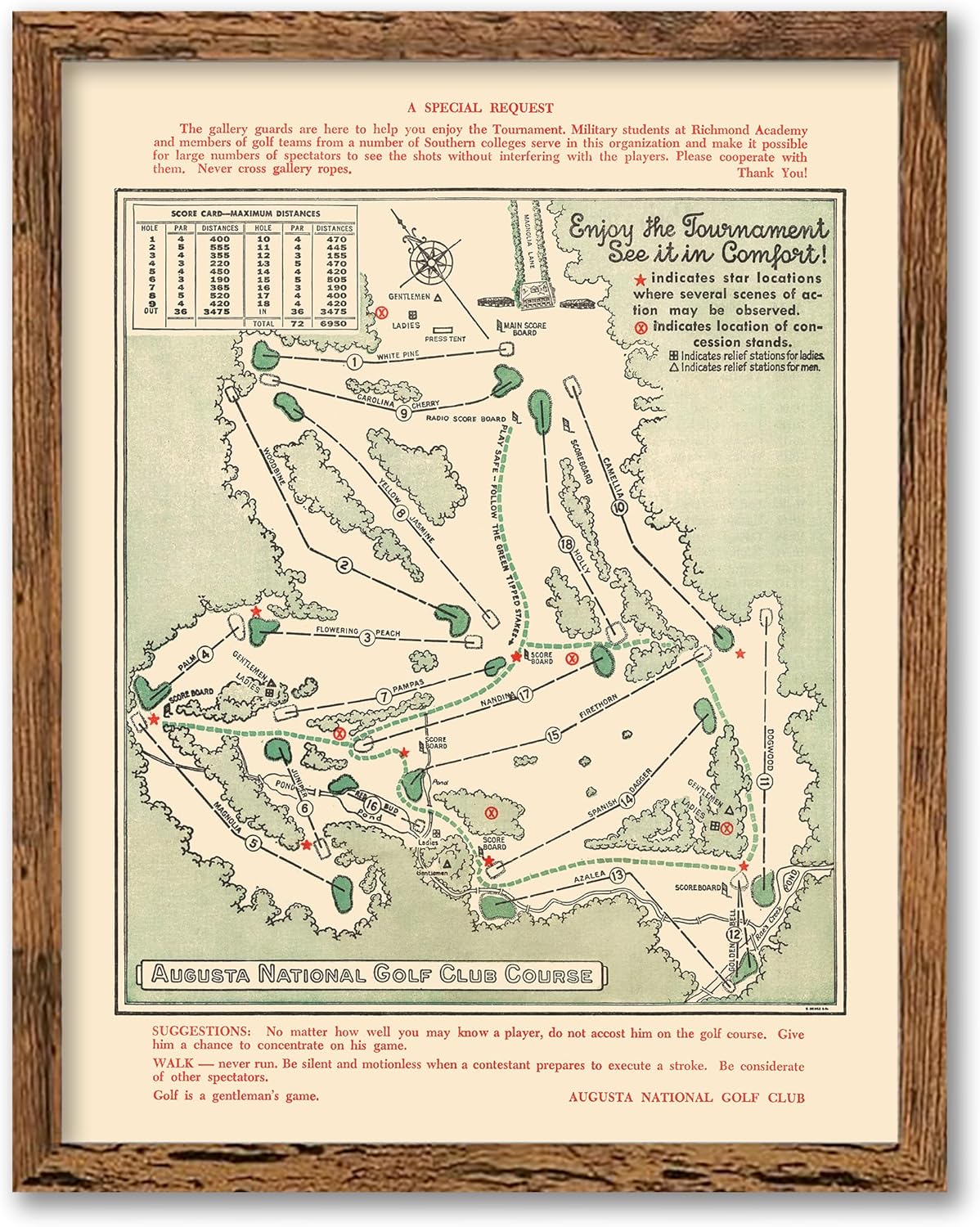 Framed Golf Map - Augusta National Golf Club Course, 1954, Vintage Wall Art, 11x14 (11x14 Framed)