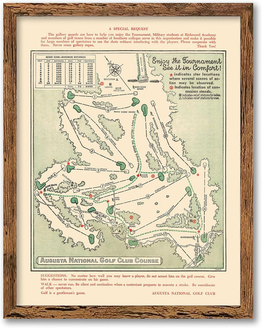Framed Golf Map - Augusta National Golf Club Course, 1954, Vintage Wall Art, 11x14 (11x14 Framed)
