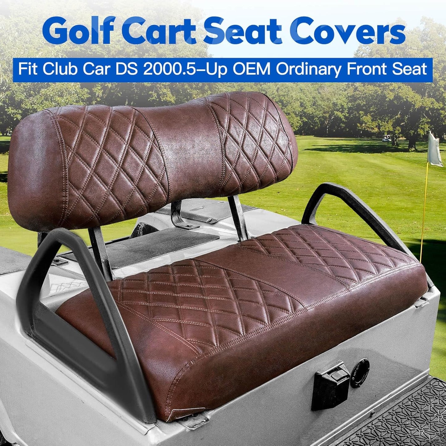NOKINS 4PCS Golf Cart Diamond Seat Covers Kit, Front and Rear Seat Covers Fits Club Car DS 2000.5-Up Standard Seat Cushion, Club Car DS Vinyl Seat Covers Accessories (Brown Brown 8438)
