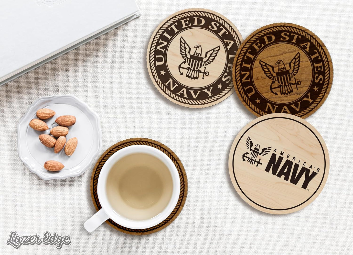 LazerEdge United States Navy Wooden Coaster Set – Cherry Wood – Handcrafted Collectible 4-Pack | Made in USA | Officially Licensed Product