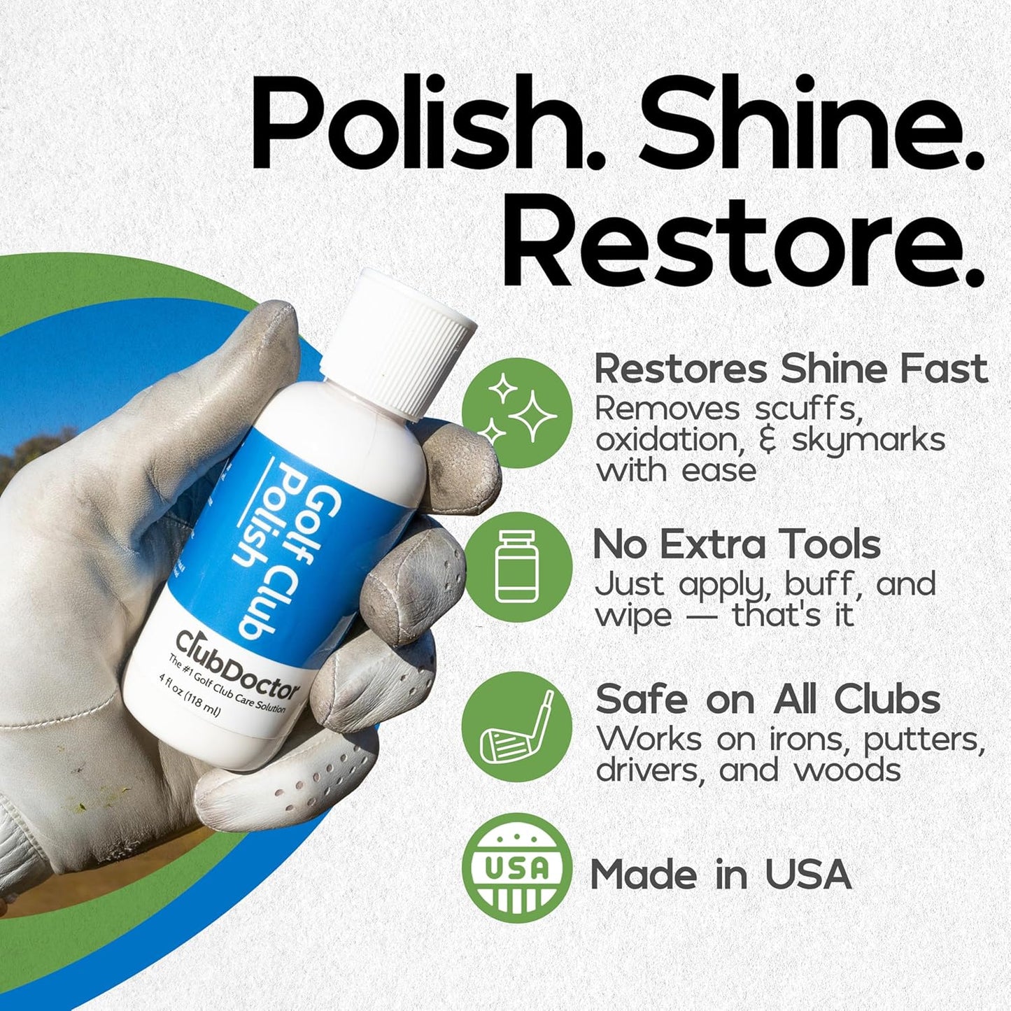 Club Doctor Golf Club Polish, Made in USA for Golfers, Restores, Shines, Polishes - Works on Drivers, Irons, Putters, Woods