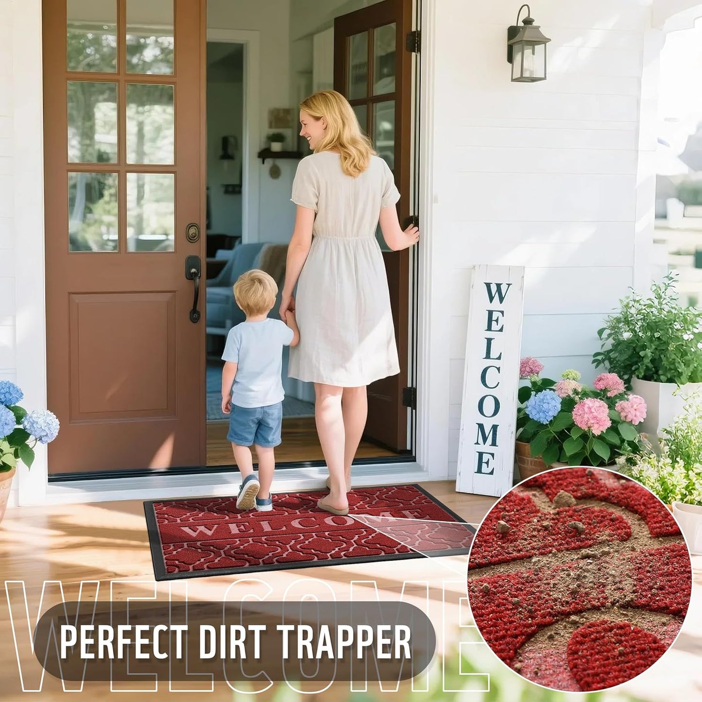 Yimobra Welcome Mat Outdoor Indoor, All-Season Waterproof Front Door Mat Outside Entrance, All-Weather Heavy Duty Non-Slip Doormat, Low Profile Porch Patio Entrance Mats, 36x24, Red
