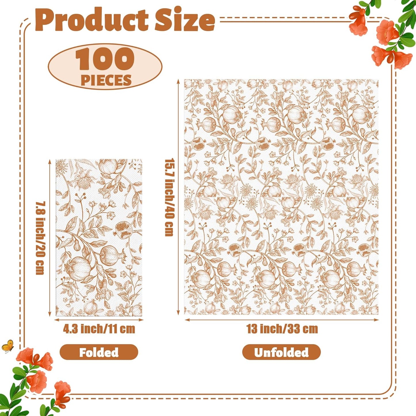 100 Pieces Thanksgiving Fall Pomegranate Napkins Disposable Paper Decorative Guest Party Napkins 7.8 x 4.3 Inch Autumn Orange Floral Hand Towels for Fall Thanksgiving Wedding Birthday Party