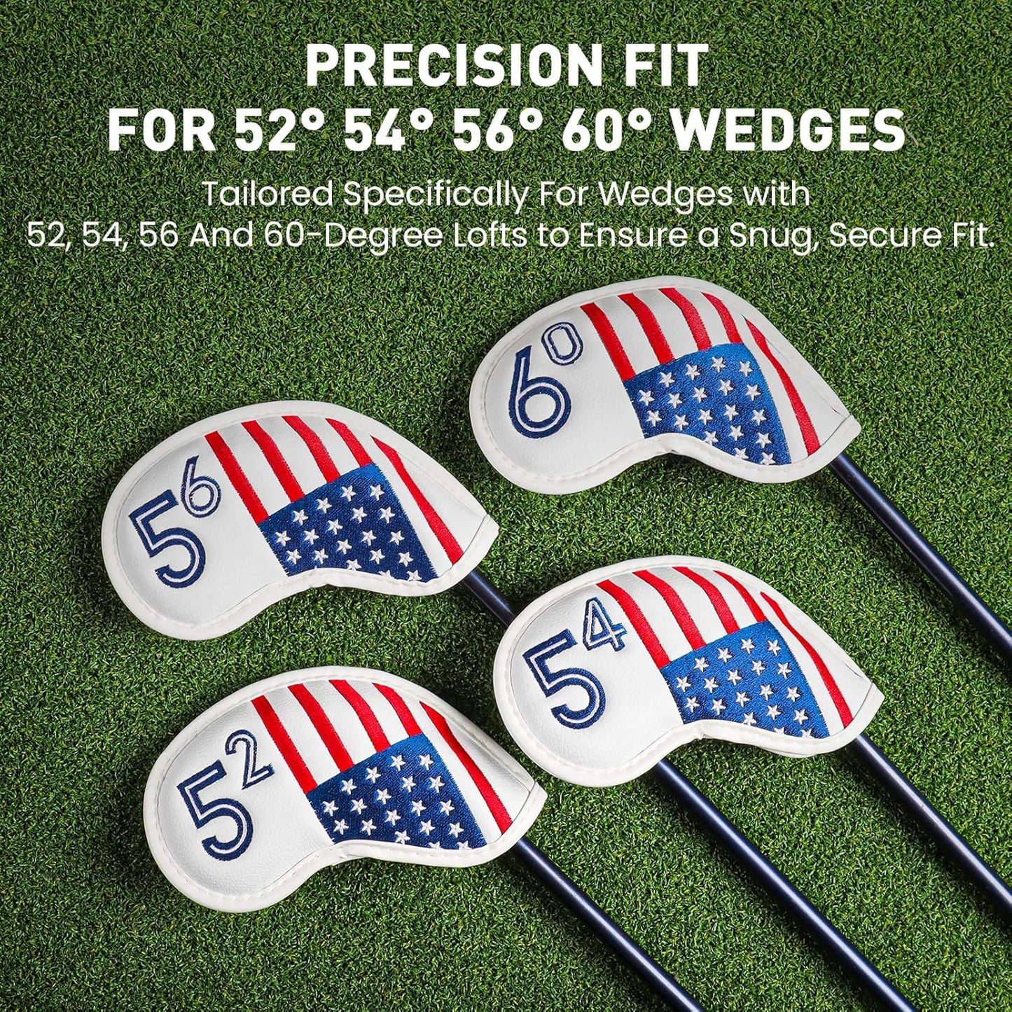 Golf Iron Wedge Head Covers 52° 54° 56° 60° 1 or 4 Pack, Synthetic Leather Clover USA Flag Design Club Head Protection, Universal Headcover Fit Iron Clubs for Men Women