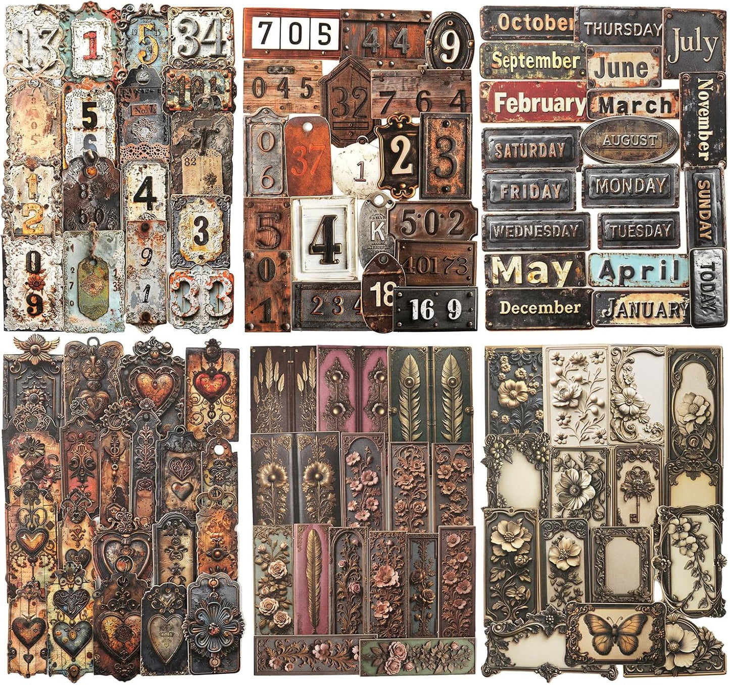 Metal Imprint Stickers Set – 120PCS Vintage Faux Embossed Label Stickers Featuring Writable Self-Adhesive Tags for Scrapbook Junk Journal DIY Crafts