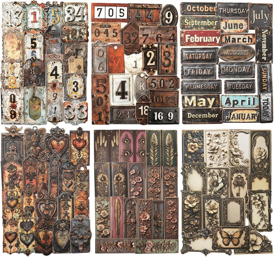 Metal Imprint Stickers Set – 120PCS Vintage Faux Embossed Label Stickers Featuring Writable Self-Adhesive Tags for Scrapbook Junk Journal DIY Crafts