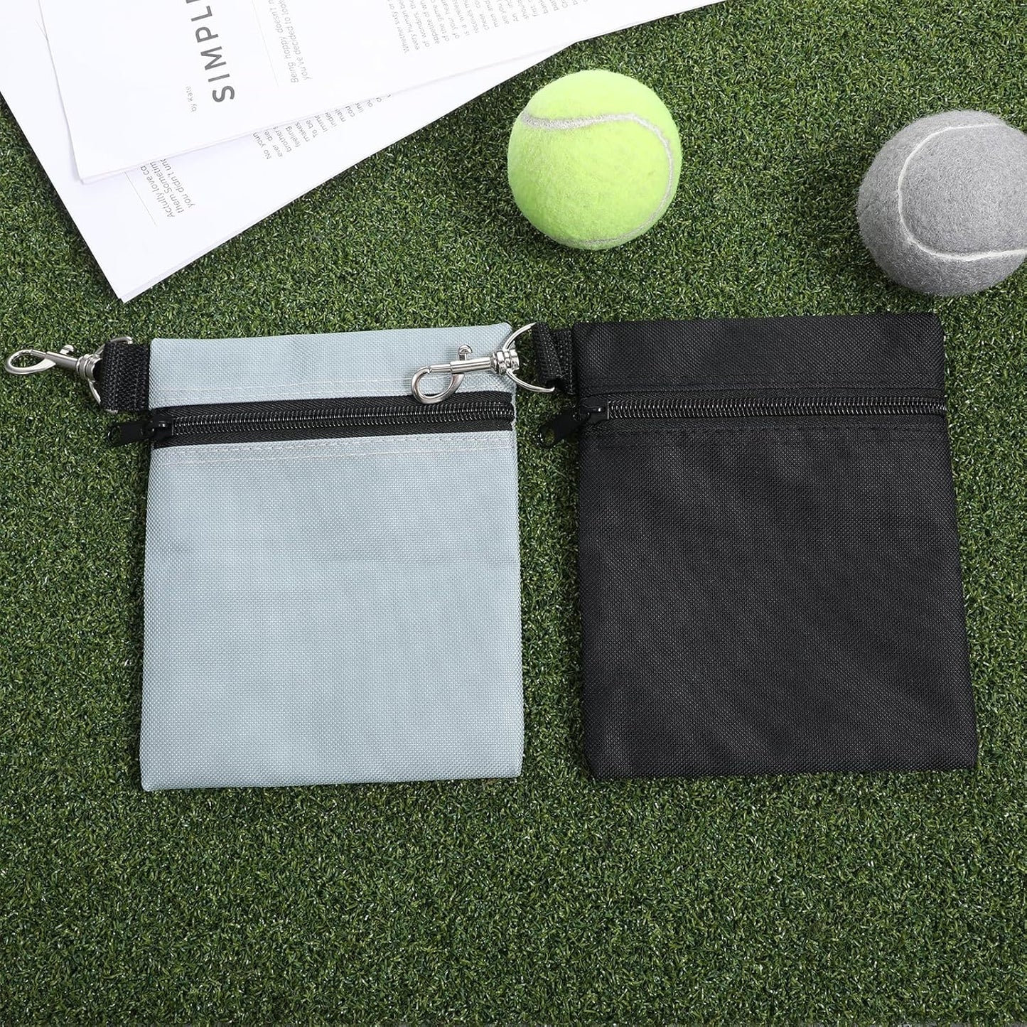 2 Pack Golf Ball Bag, Golf Tee Bag Pouch 6.7" x 5.5" Zippered Pouch with Metal Lobster Clip, Waterproof Golfs Accessories Organizer for Tees Balls, Valuables Holder, Men Women (Black, Gray)