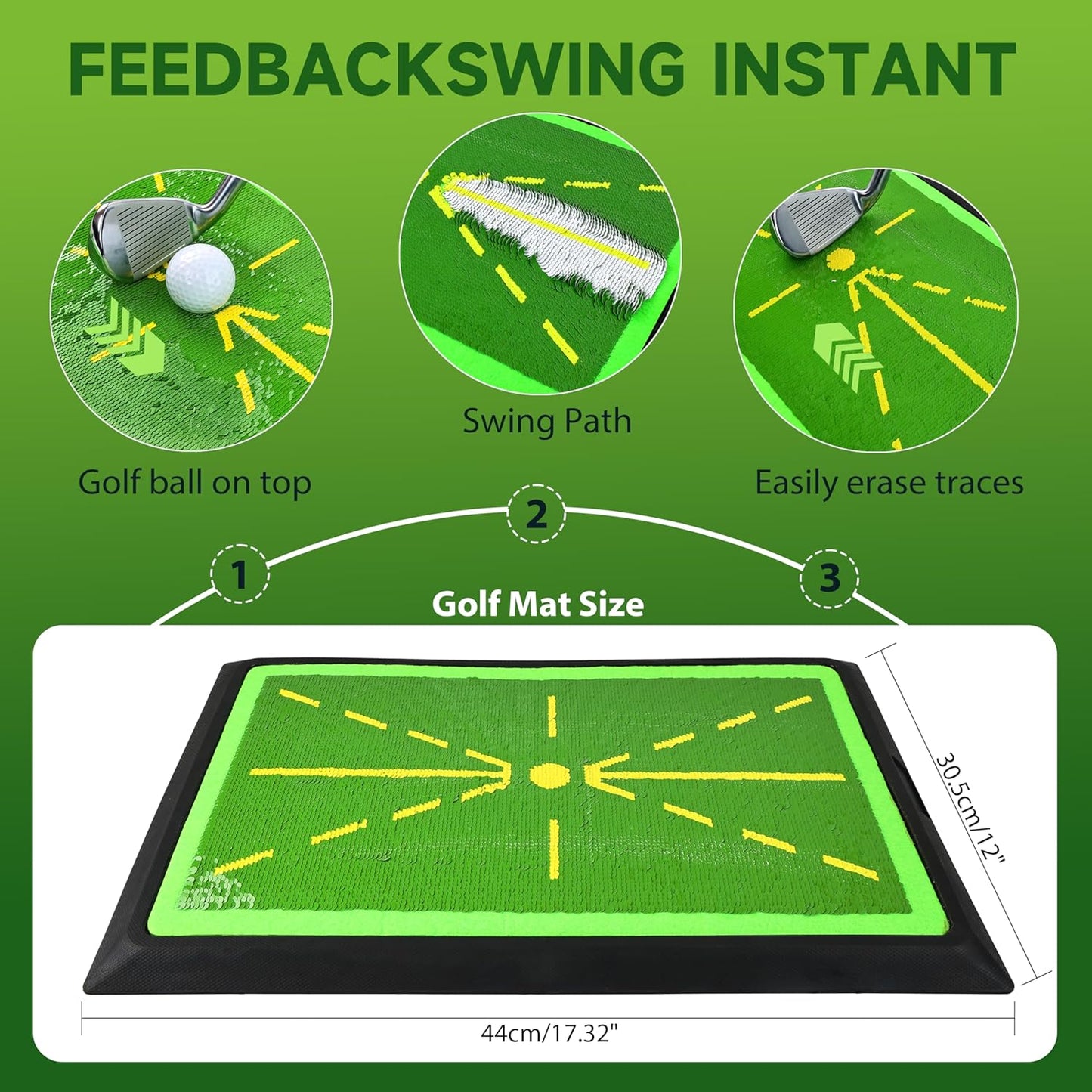 Golf Swing Training Mat, 17"x12", Green, Sequins (Plastic) and Rubber, Portable, Practice Mat