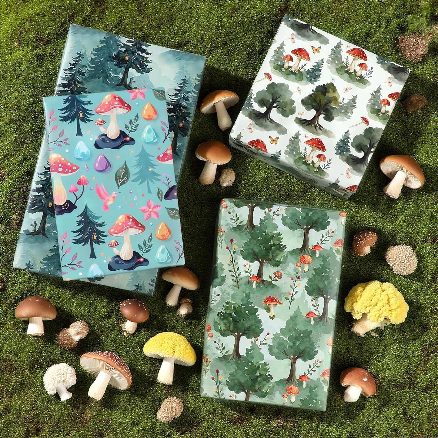 Pineraap Mushroom Wrapping Paper 12 Sheets Forest Woodland Gift Wrap for Nature Lovers,Birthday,Baby Shower,20"×28"