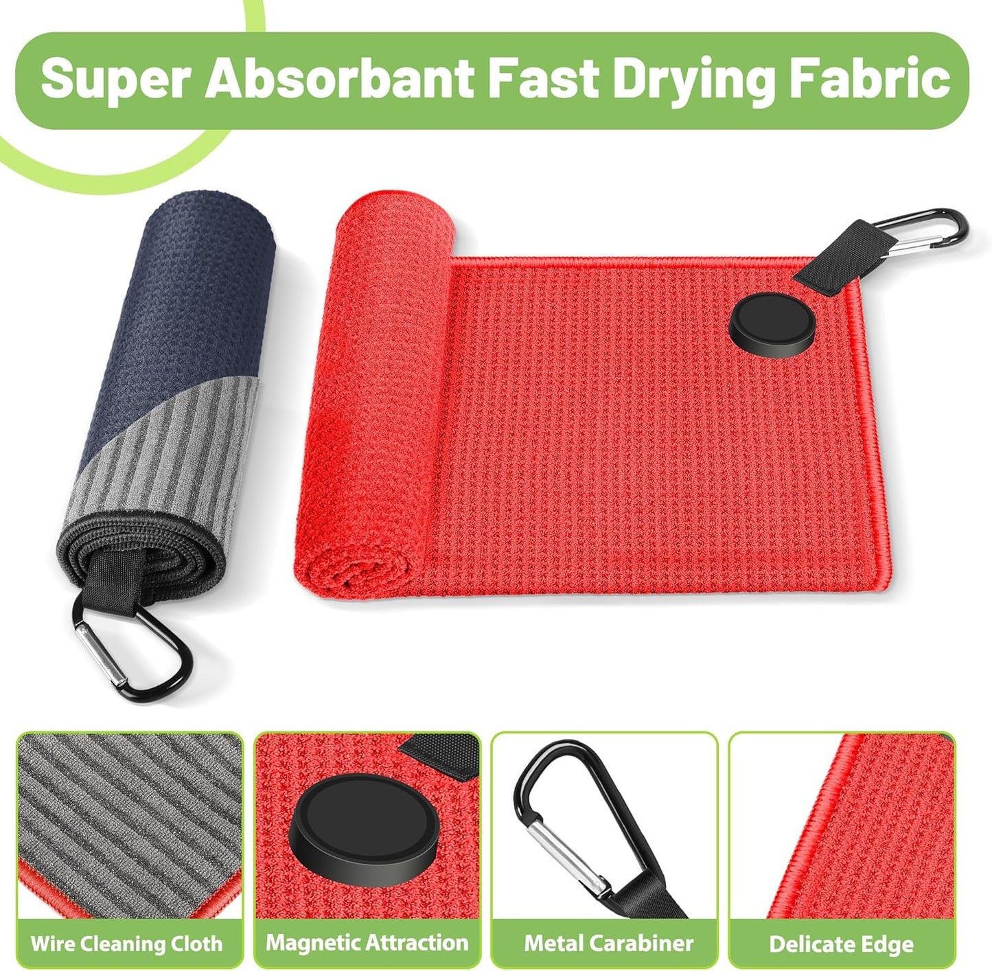 Magnetic Golf Towel, 2 Pack Golf Towels with Clips, Ultra Absorbent Microfiber Wire Cleaning Cloth, Waffle Pattern Towel with Magnet for Men Women, Golf Accessories for Bags, Carts or Clubs