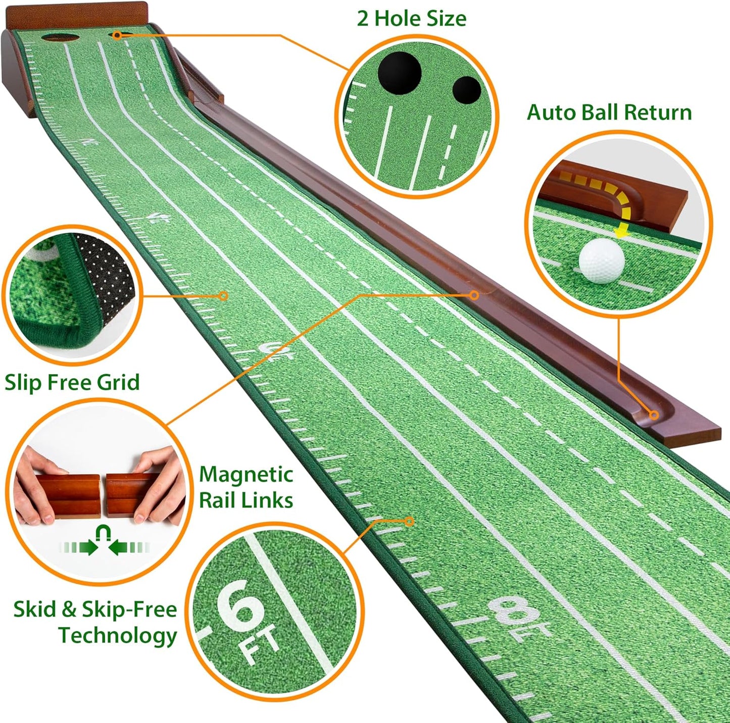 Golf Putting Mat with Ball Return - Putting Green Indoor Featuring 9ft Non-Slip Velvet Surface for Indoor & Outdoor - Smooth, Skip-Free Walnut Ball Return System - Golf Practice Mat for Backyard