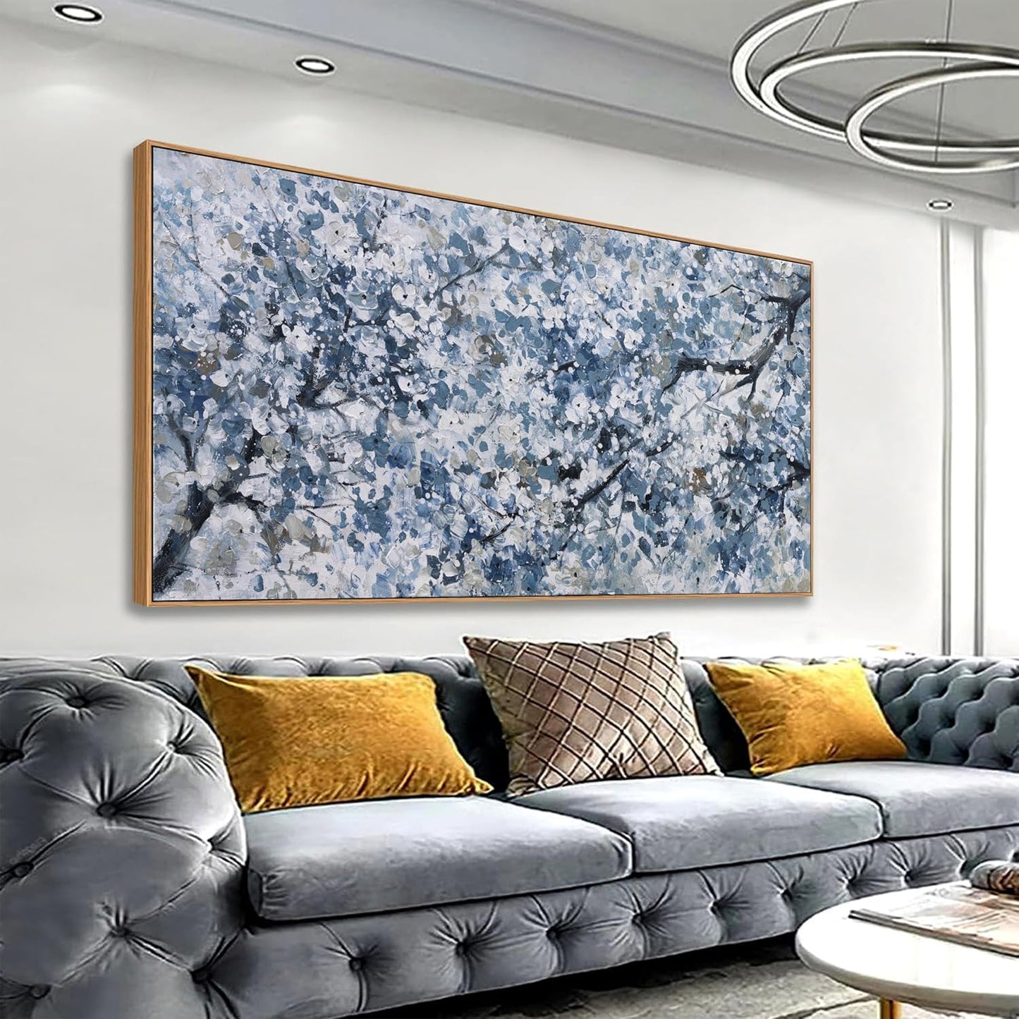 Modern Wall Art Nature Art Canvas Artwork Wall Decor Painting Dark Blue And White Abstract Tree Botanical Wall Art With Framed For Bedroom Living Room Dining Room Home Office Decor 24"×48"