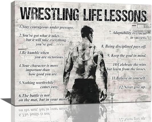 Wrestling Life Lessons Wall Art - Sports Sign Retro Poster for Boy Men - Motivational Decorations Canvas Print Painting Artwork for Bedroom Bathroom Living Room Gym 20"x16"