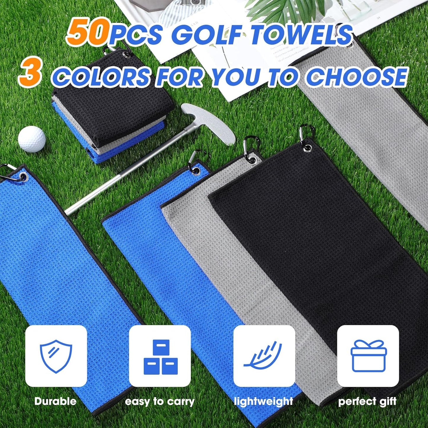 Batiyeer Golf Towels Bulk for Bags 16'' x 16'' Microfiber Waffle Pattern Golf Towel with Clipfor Mini Tournament, Club, Yoga, Fitness