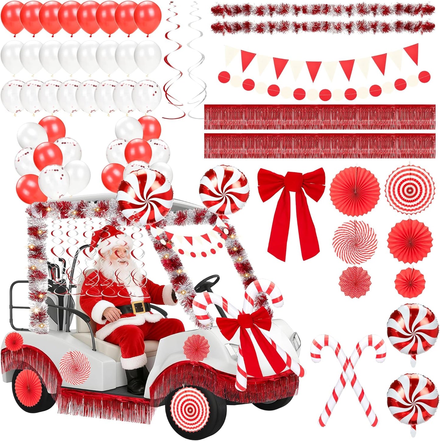 48 Pcs Christmas Parade Golf Cart Decoration Kit with Light String Red White Streamers Candy Canes Balloons Bow Pleated Fan Fringe Banners for Christmas Holiday Party Golf Cart Accessories