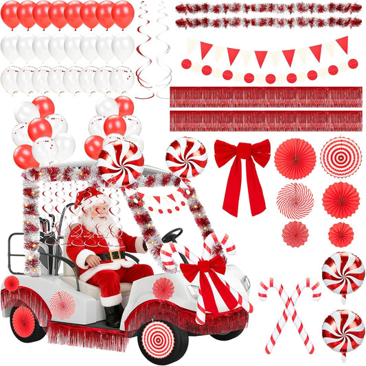 48 Pcs Christmas Parade Golf Cart Decoration Kit with Light String Red White Streamers Candy Canes Balloons Bow Pleated Fan Fringe Banners for Christmas Holiday Party Golf Cart Accessories