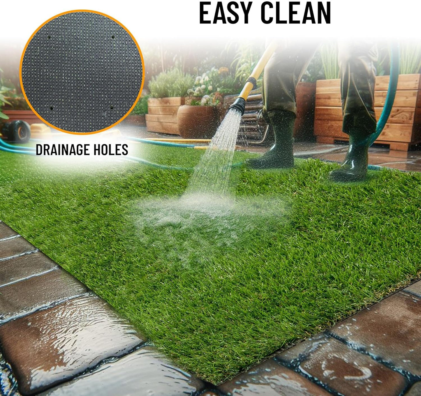 Ottomanson 6'6" x 26' Artificial Faux Grass Rug - Realistic Turf with UV Protection - Perforated for Easy Drainage - Durable, Hose-Off Synthetic Lawn Carpet for Indoor & Outdoor Use, Green