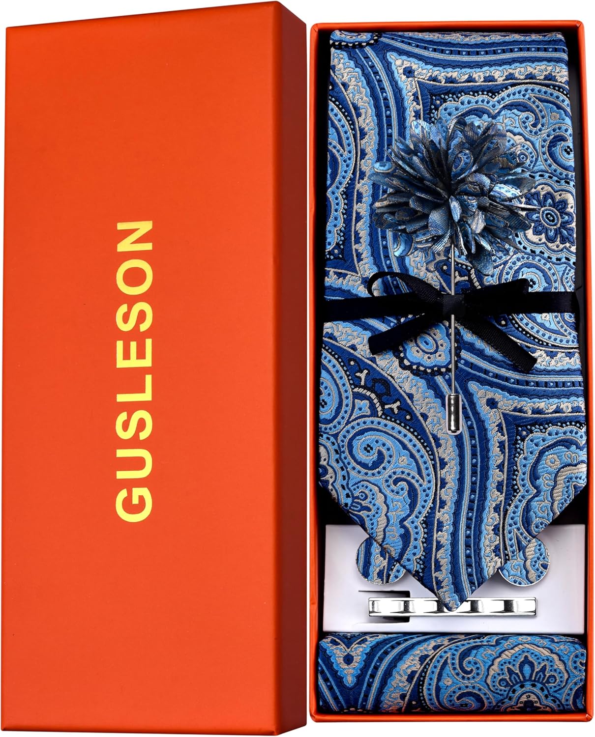GUSLESON Tie Set for Men Necktie and Pocket Square,Tie Clip,Cufflinks, Lapel Pin Sets with Gift Box 5PCS