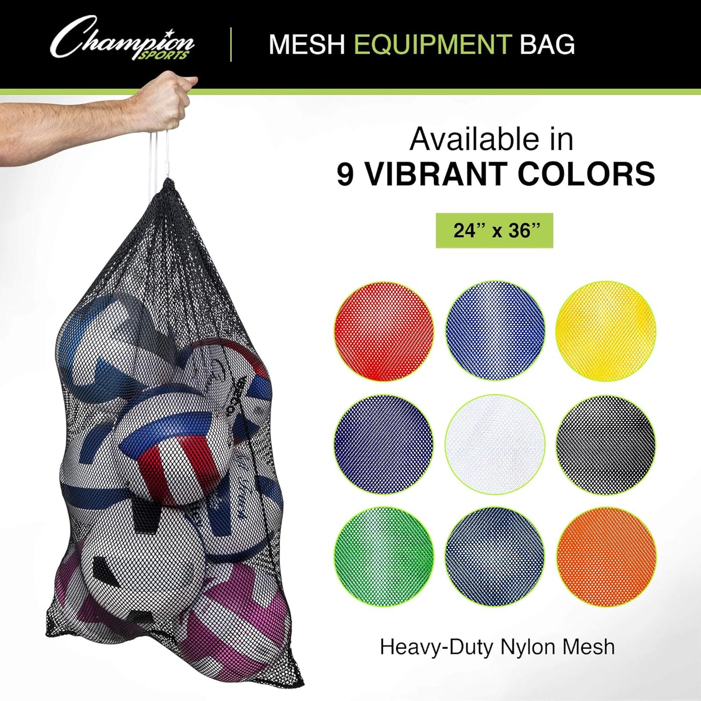 Champion Sports Mesh Equipment Bag – Heavy-Duty Nylon Drawstring Bag with Lock & ID Tag, Breathable Storage Sack for Balls, Swim Gear, Laundry & Toys, Multiple Sizes & Colors
