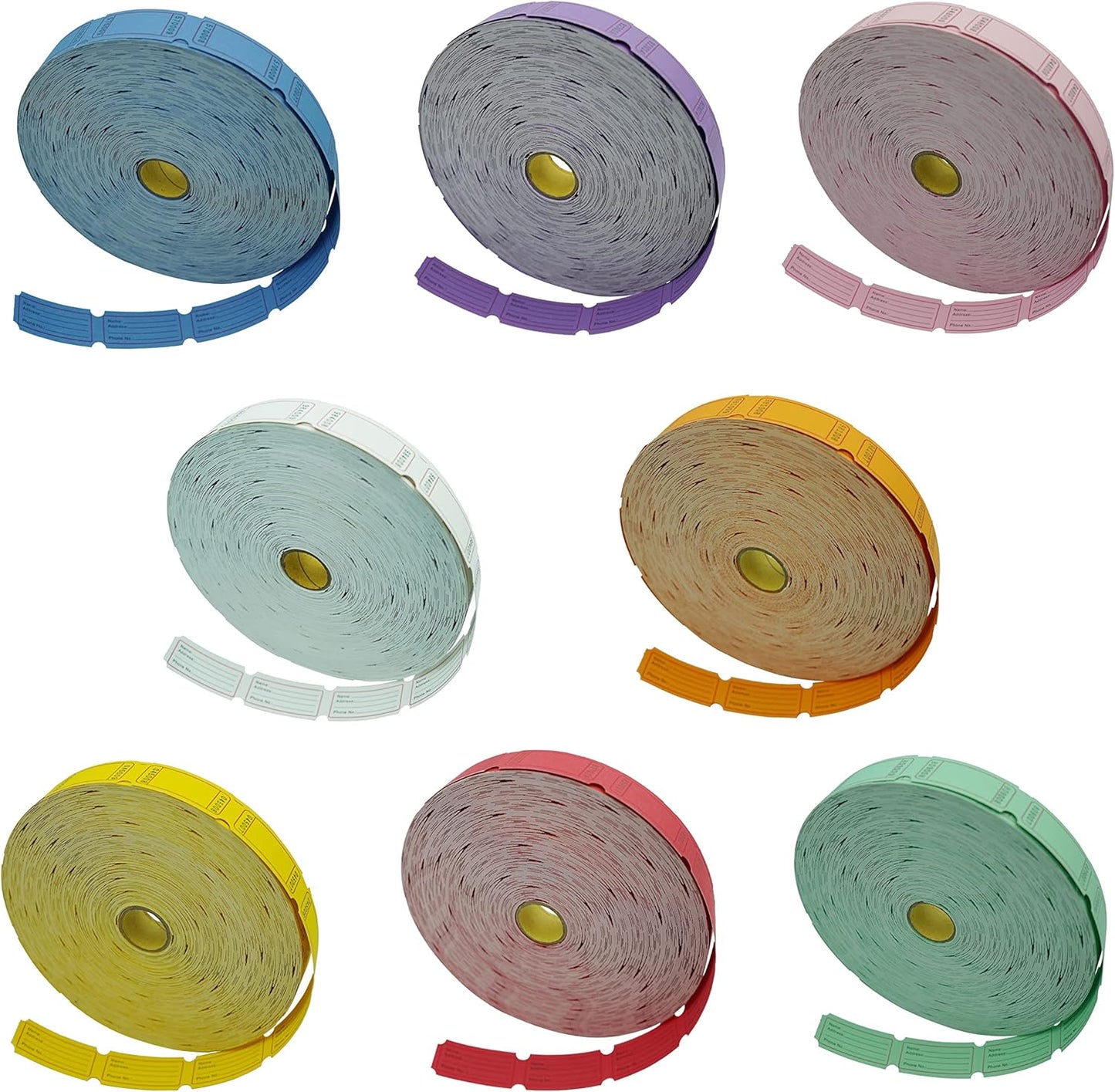 DNB 16000 Pcs Raffle Tickets - 8 Color Set of 2000 Pcs 2 x 1 Inch Single Roll Consecutively Numbered Blank Tickets - Pink/Red/White/Green/Blue/Yellow/Orange/Purple