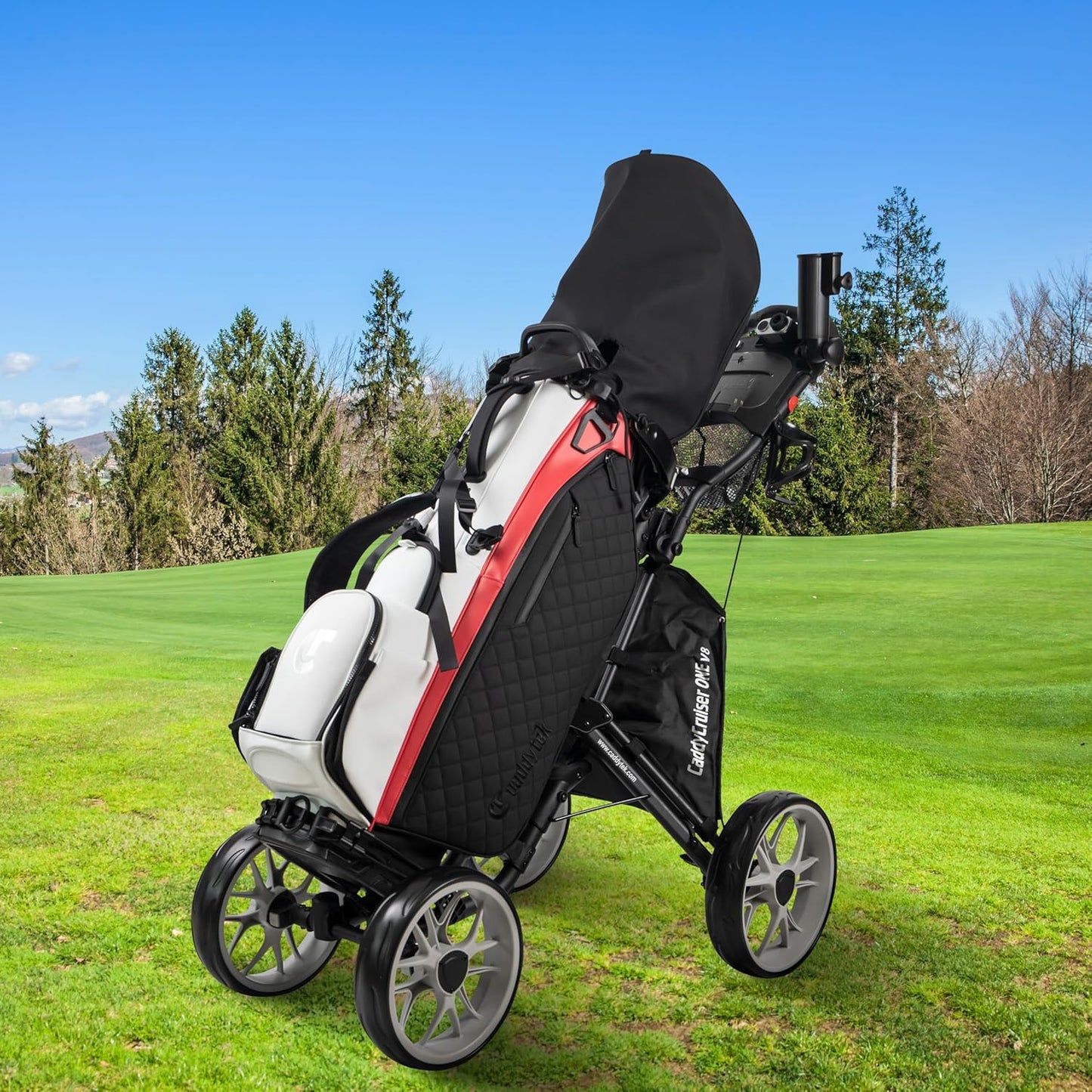 CaddyTek 4 Wheel Golf Push Cart - Caddycruiser One Version 8 1-Click Folding Trolley - Lightweight, Compact Pull Caddy Cart, Easy to Open