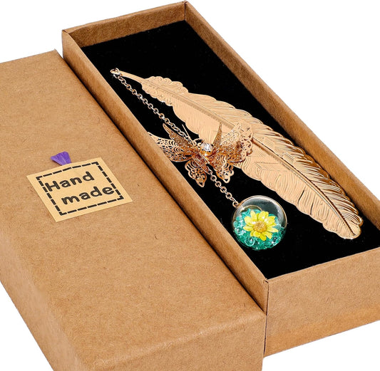 Metal Feather Bookmark with Butterfly Charm – Christmas Gifts for Women, Teachers & Book Lovers – Stocking Stuffers, Secret Santa, Birthday & Holiday Gift Box