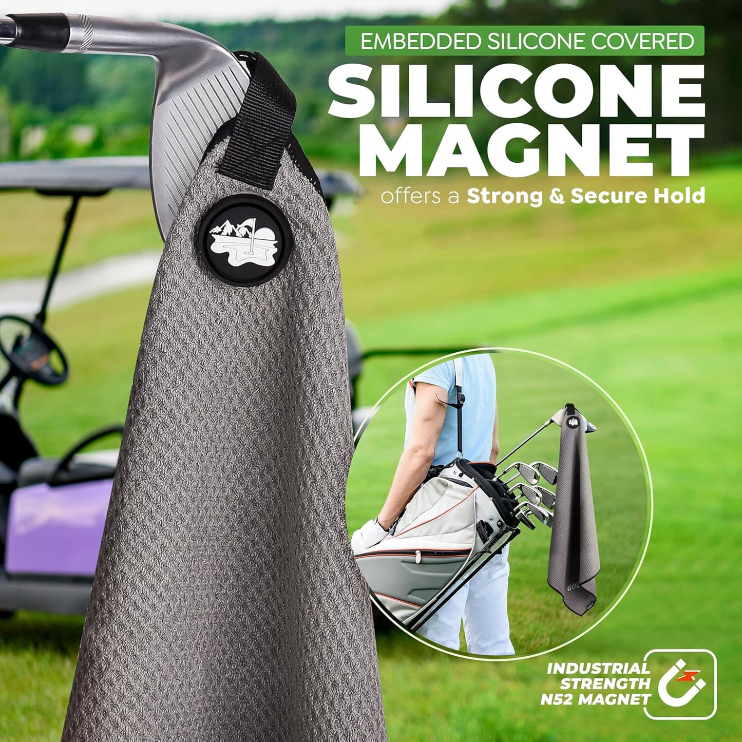 Golf'N Microfiber Towel - Magnetic Golf Towel Dark Gray 18" x 18" Golf Towels for Golf Bags with N52 Heavy Duty Magnets, Carabiner Clip & Cross Stitched Reinforced Loop, Premium Golf Accessories