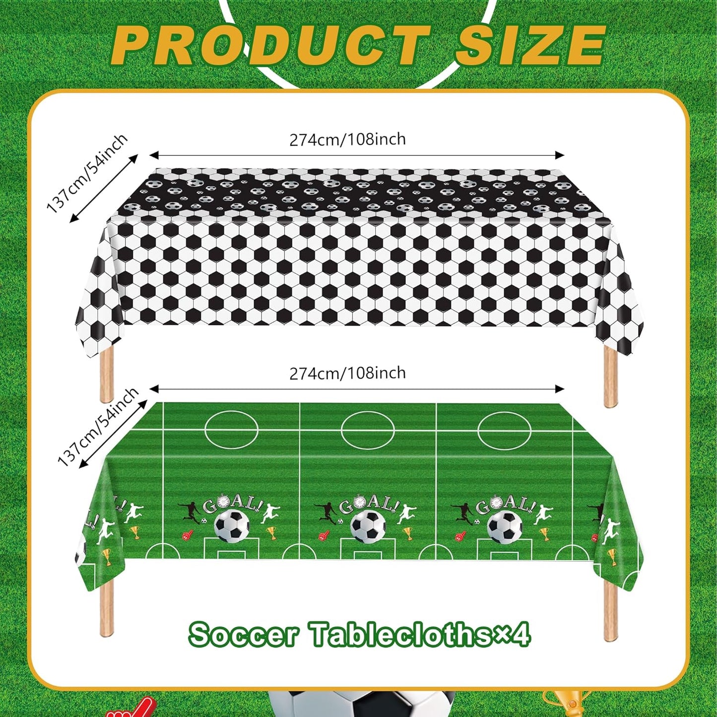 4PCS Soccer Party Tablecloths,Disposable Plastic Tablecloths - Soccer Party Decorations for Sports Theme Birthday， 54 x 108 Inch