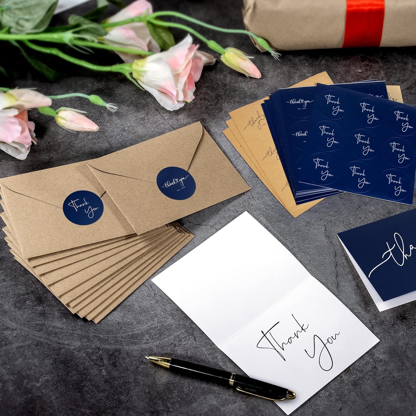 100 Bulk Navy Thank You Cards with Kraft Envelopes and stickers - 4 Minimalistic Designs Blank Thank You Notes with Envelopes Matt for business Wedding Bridal Gift Baby Shower Business Graduation