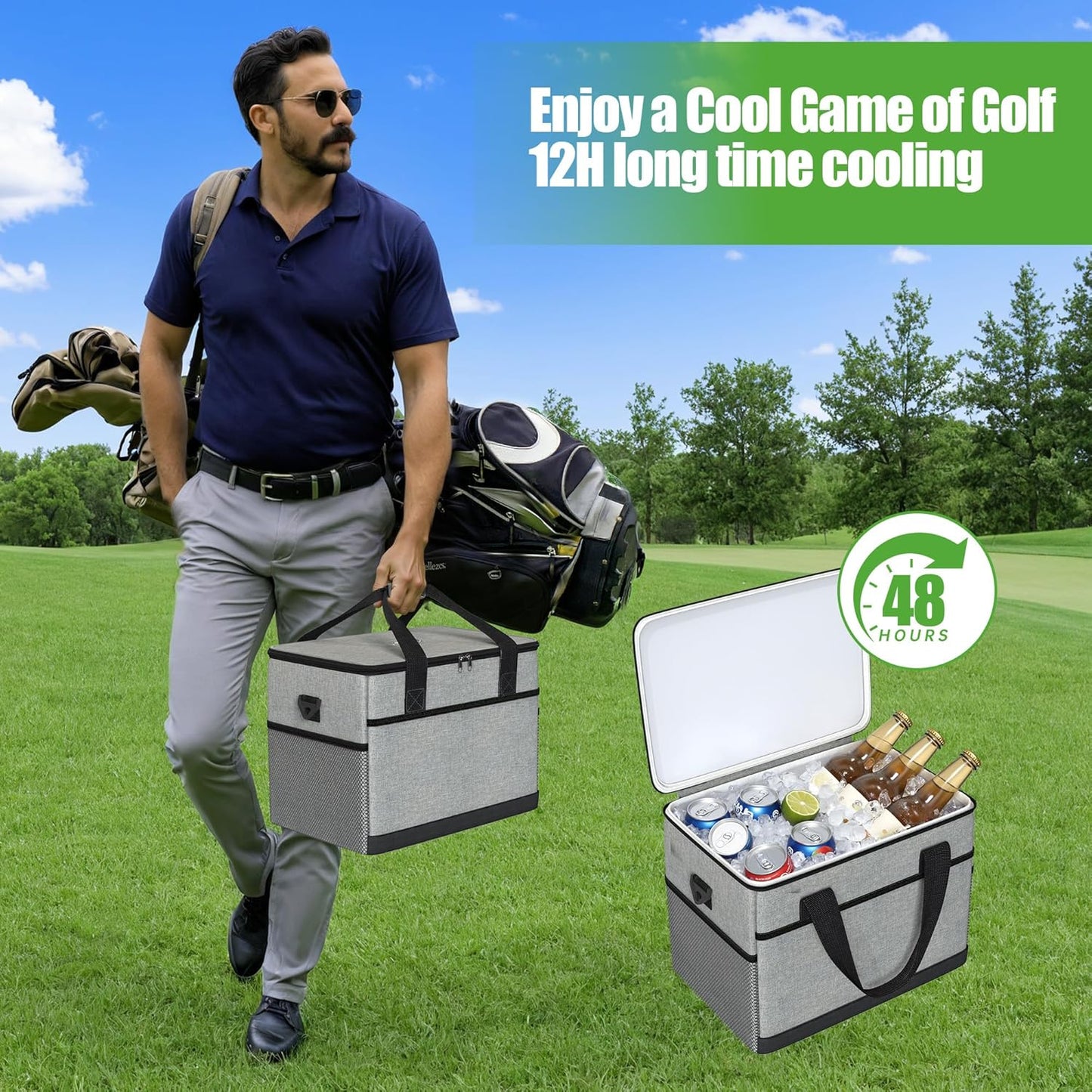 10L0L Golf Cart Ice Bag, 27L Large Capacity Waterproof Oxford Cooler with Multi-Pocket Design, 6-Hour Insulation, Easy Access & Lightweight for Yamaha EZGO Club Car Golf Cart Accessories (Black/Gray)