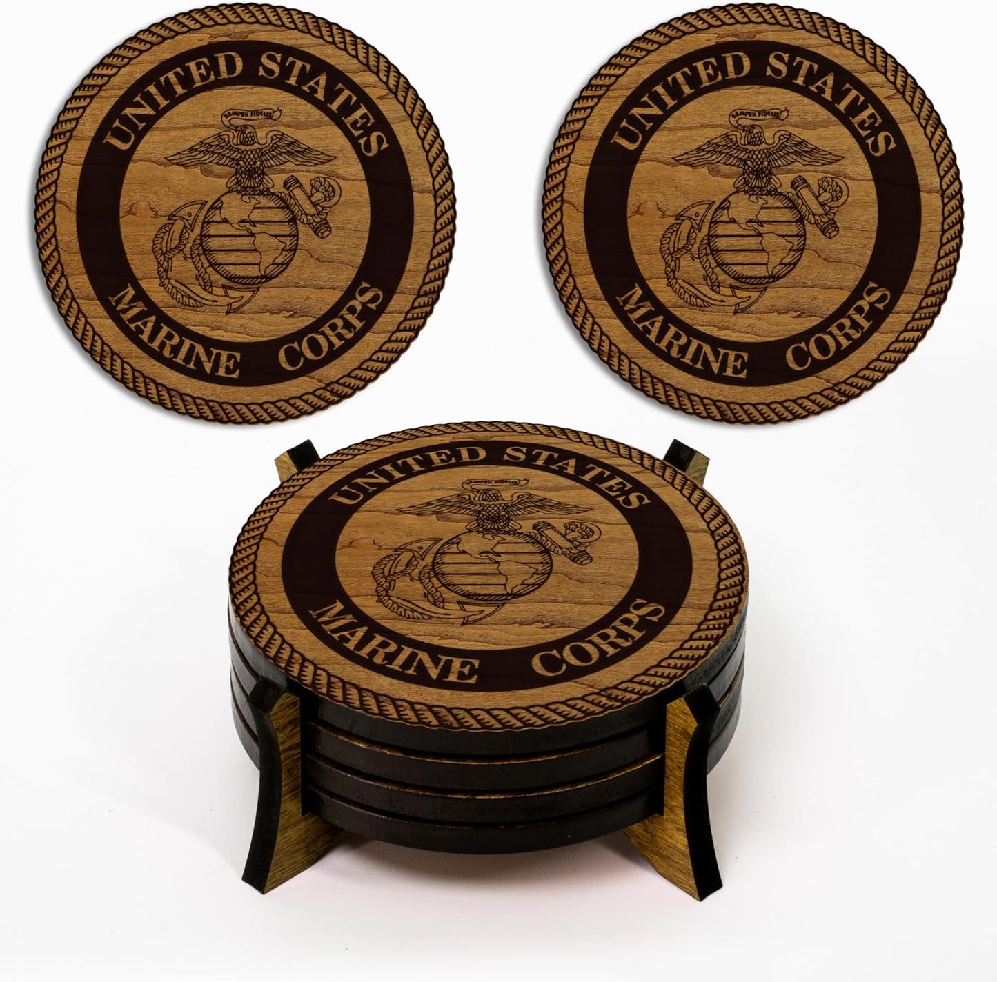 LazerEdge U.S. Marines Wooden Coaster Set – Cherry Wood – Handcrafted Collectible 4-Pack | Made in USA | Officially Licensed Product (Marines)
