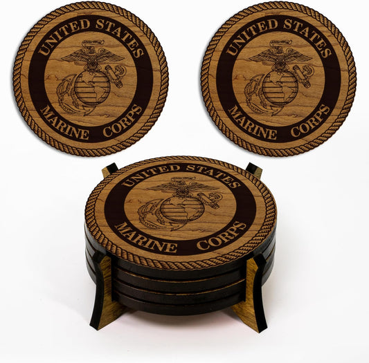 LazerEdge U.S. Marines Wooden Coaster Set – Cherry Wood – Handcrafted Collectible 4-Pack | Made in USA | Officially Licensed Product (Marines)