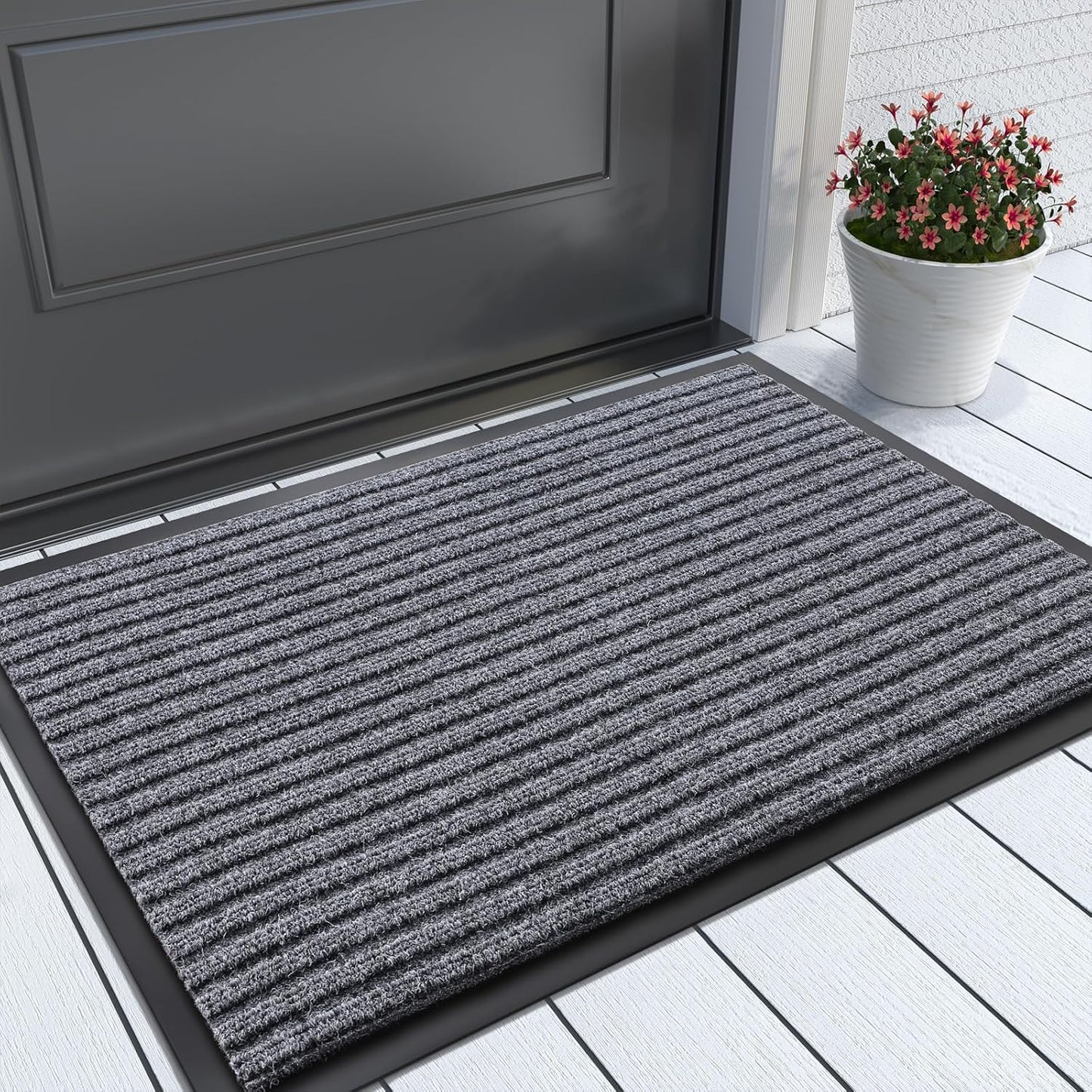 Yimobra Front Door Mat Outdoor Indoor Entrance, 100% Waterproof All-Season All Weather Doormat, Welcome Matt Outside Entry, Non Slip, Low Profile, Heavy Duty Patio Porch Floor Mat,29.5x17, Gray White
