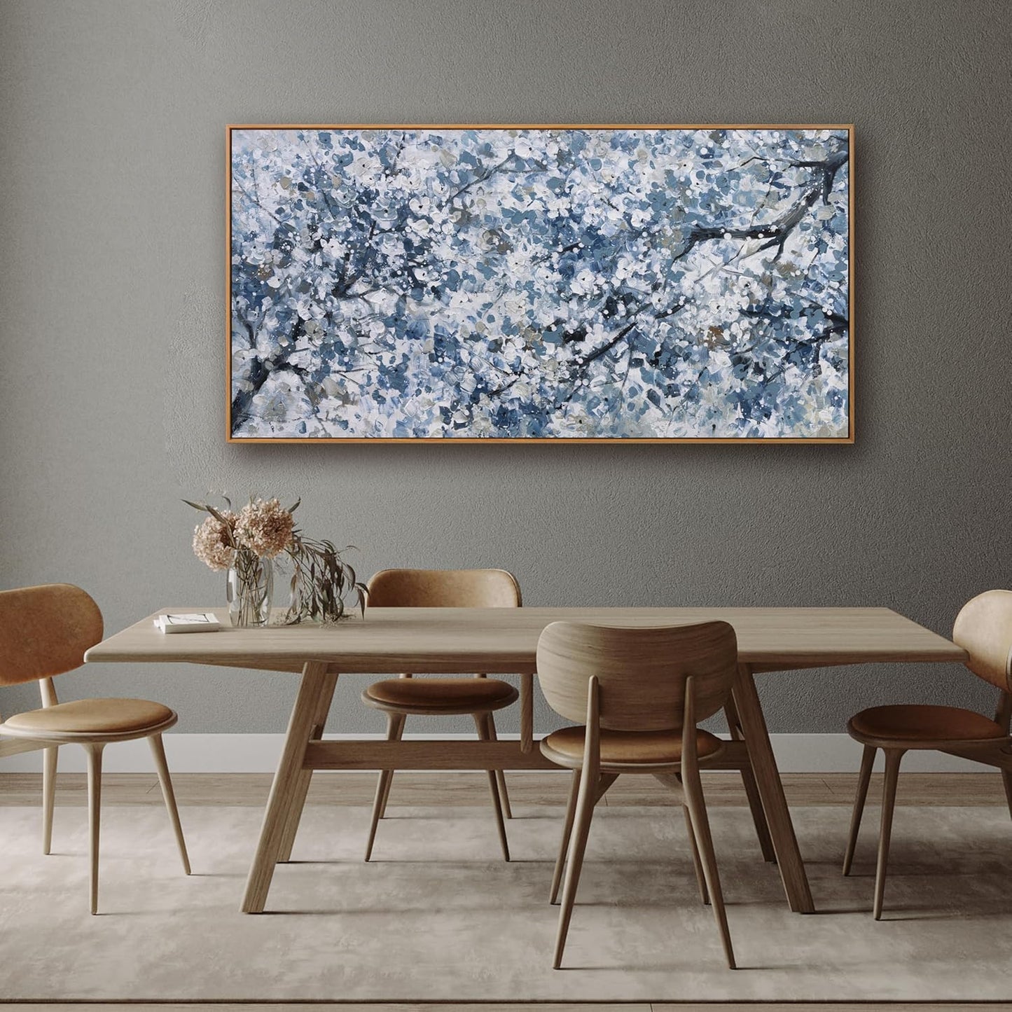 Modern Wall Art Nature Art Canvas Artwork Wall Decor Painting Dark Blue And White Abstract Tree Botanical Wall Art With Framed For Bedroom Living Room Dining Room Home Office Decor 24"×48"