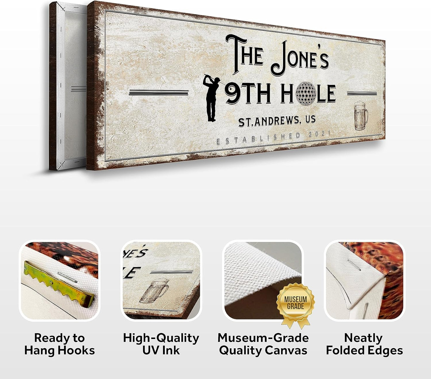 TAILORED CANVASES Golf Art Decor - Personalized Vintage Golf Wall Art Sign for Man Cave, Bedroom, Basement, Home Bar and Custom Gift for Husband, Dad, Wedding & Anniversary - 19th Hole Sign, 36"x12"